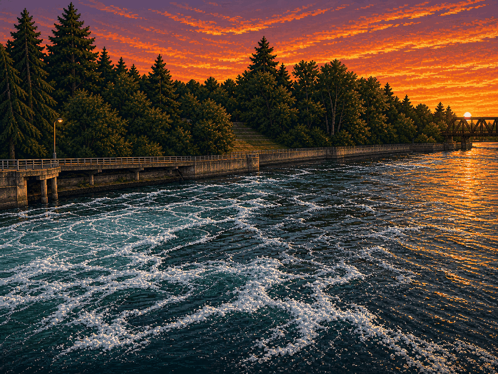 Pixel-art interpretation of the water and maritime landscape at the Locks